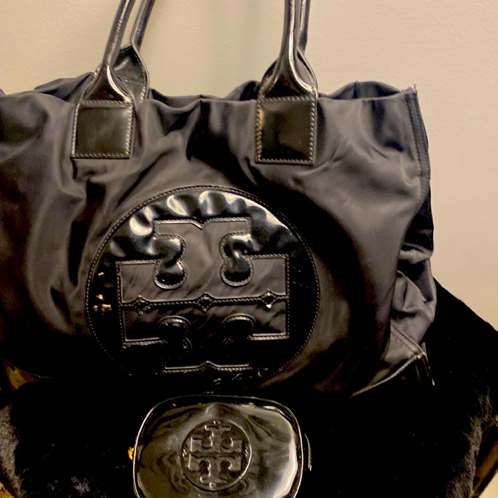 Tory Burch beautiful black patent and canvas xtra large tote bag or overnight.